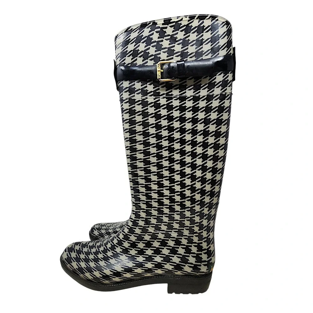 Lauren Ralph Lauren Rain Boots 10 Wom Rossalyn II Black Houndstooth Buckle Tall